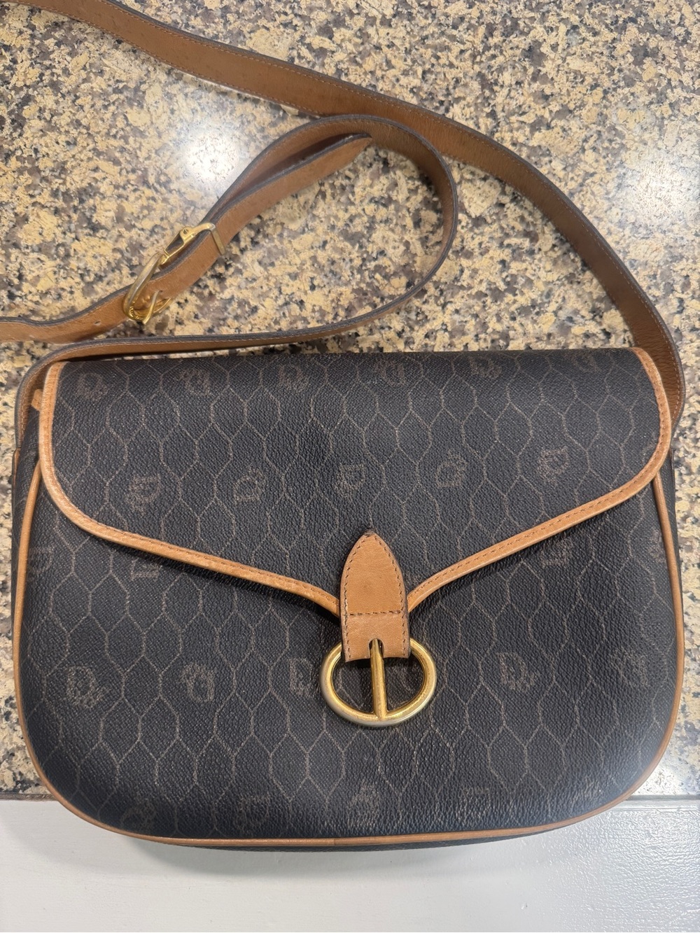Christian Dior vintage Brown Leather-Trim Crossbody Bag with Gold Ring Accent